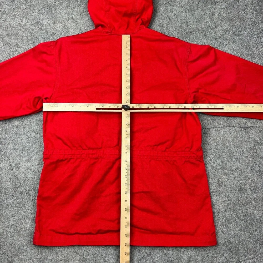 VTG Eddie Bauer Jacket Womens Medium Red Hooded Zip Snap Cotton Outdoors Pockets